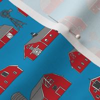 barn fabric - red barn fabric, farm fabric, farms fabric, - blue