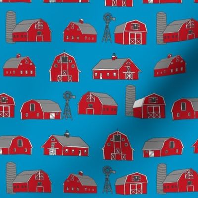 barn fabric - red barn fabric, farm fabric, farms fabric, - blue