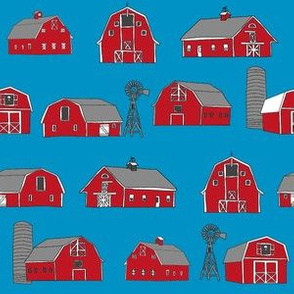 barn fabric - red barn fabric, farm fabric, farms fabric, - blue