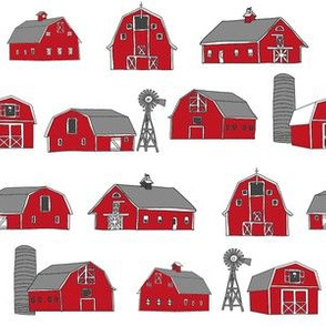 barn fabric - red barn fabric, farm fabric, farms fabric, - white