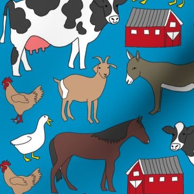 farm animals fabric - horse, cow, goat, chicken, duck, donkey, sheep, pig - blue