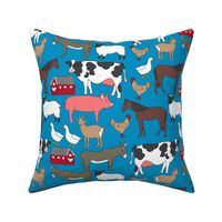 farm animals fabric - horse, cow, goat, chicken, duck, donkey, sheep, pig - blue