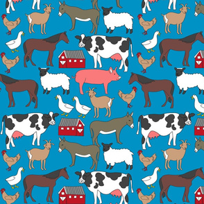 farm animals fabric - horse, cow, goat, chicken, duck, donkey, sheep, pig - blue