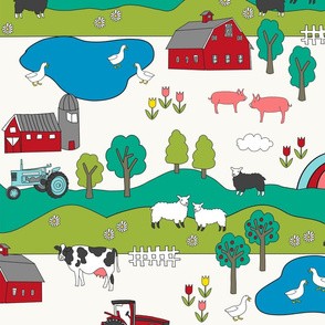 LARGE farmyard fabric - farm animals, tractor, kids farm fabric - cream