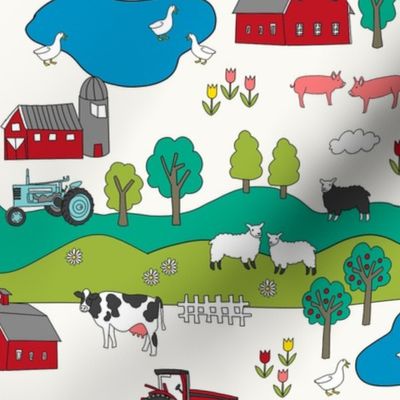 MED farmyard fabric - farm animals, tractor, kids farm fabric - cream