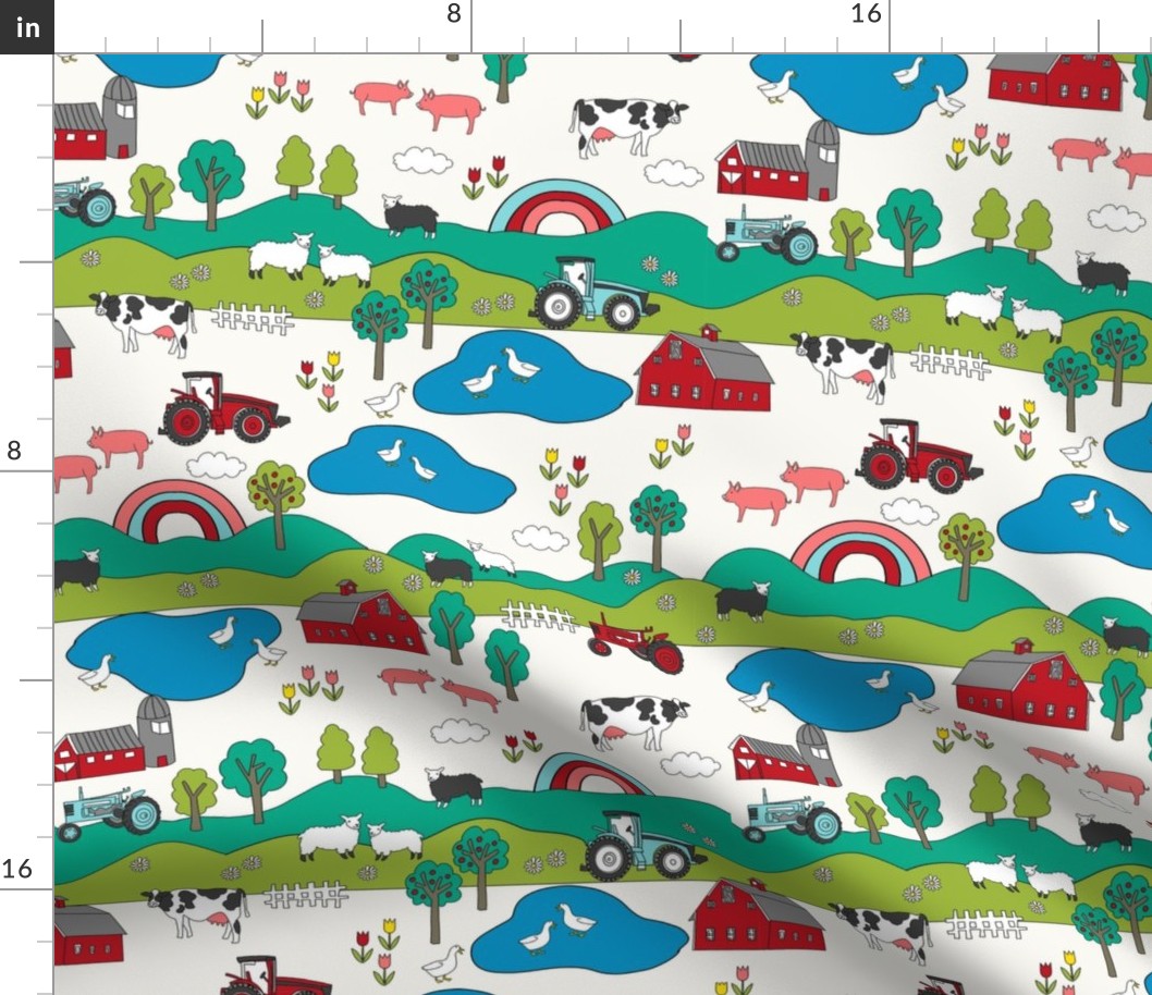 MED farmyard fabric - farm animals, tractor, kids farm fabric - cream