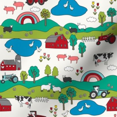 SMALL farmyard fabric - farm animals, tractor, kids farm fabric - cream