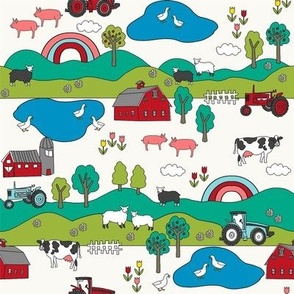 SMALL farmyard fabric - farm animals, tractor, kids farm fabric - cream