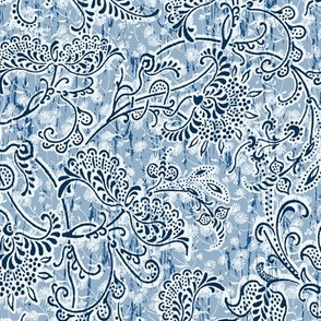 medium sarasa floral in blues on batik texture