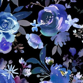 Classic Blue Watercolor Floral // Black