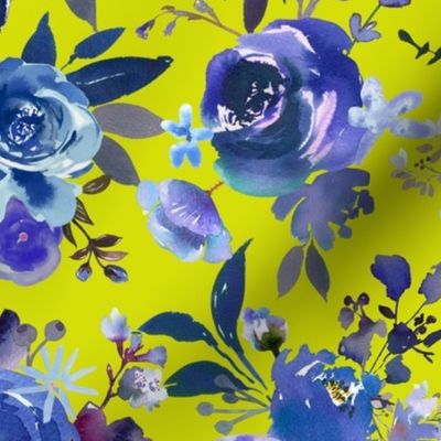 Classic Blue Watercolor Floral // Chartreuse 