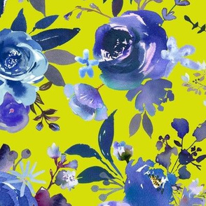 Classic Blue Watercolor Floral // Chartreuse 