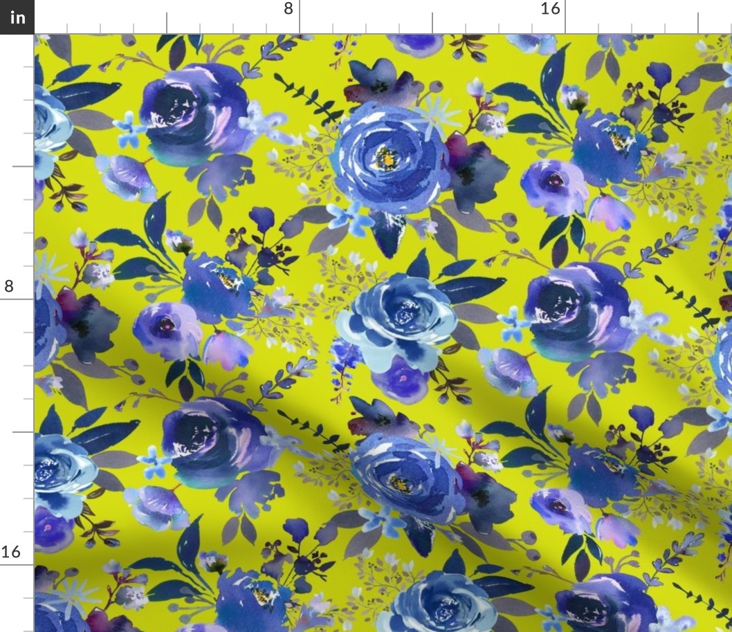 Classic Blue Watercolor Floral // Chartreuse 