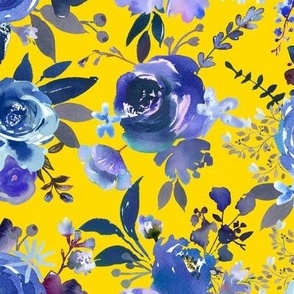 Classic Blue Watercolor Floral // Golden Yellow