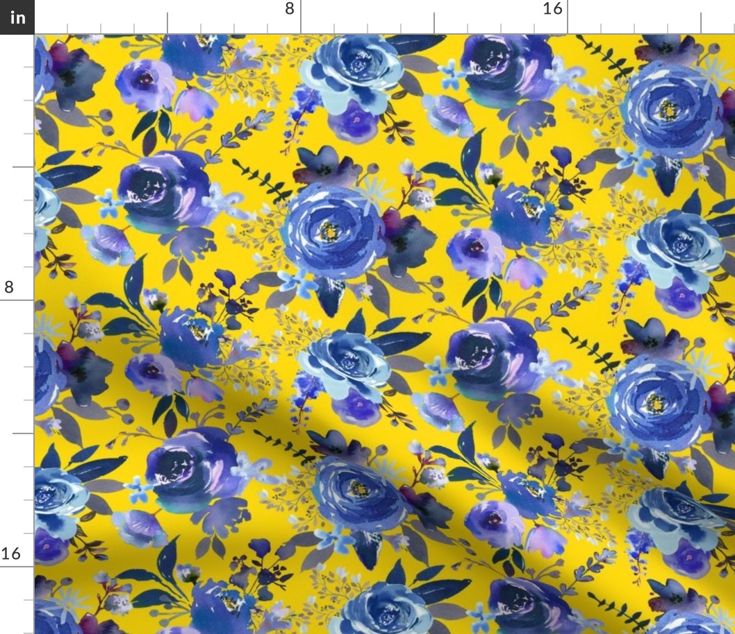 Classic Blue Watercolor Floral // Golden Yellow