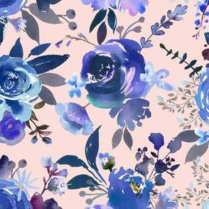Classic Blue Watercolor Floral // Lt Peachy Pink