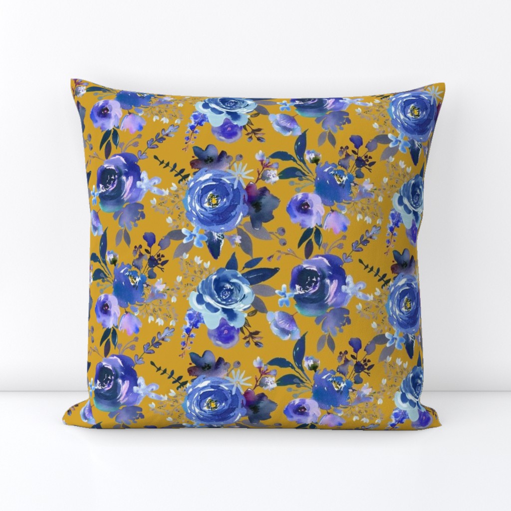 Classic Blue Watercolor Floral // Mustard