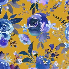 Classic Blue Watercolor Floral // Mustard