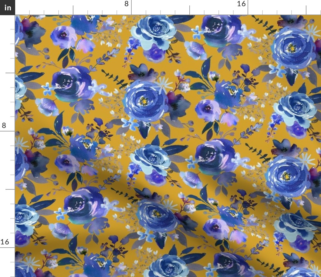 Classic Blue Watercolor Floral // Mustard