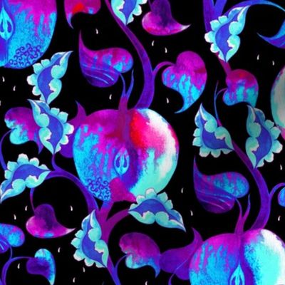 Watercolor apples. Blue with pink on black background