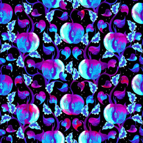 Watercolor apples. Blue with pink on black background