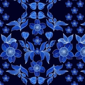 Folk. Watercolor blue flowers and leaves on a black background