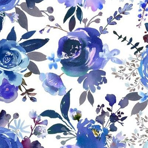 Classic Blue Watercolor Floral (Medium Size Repeat)