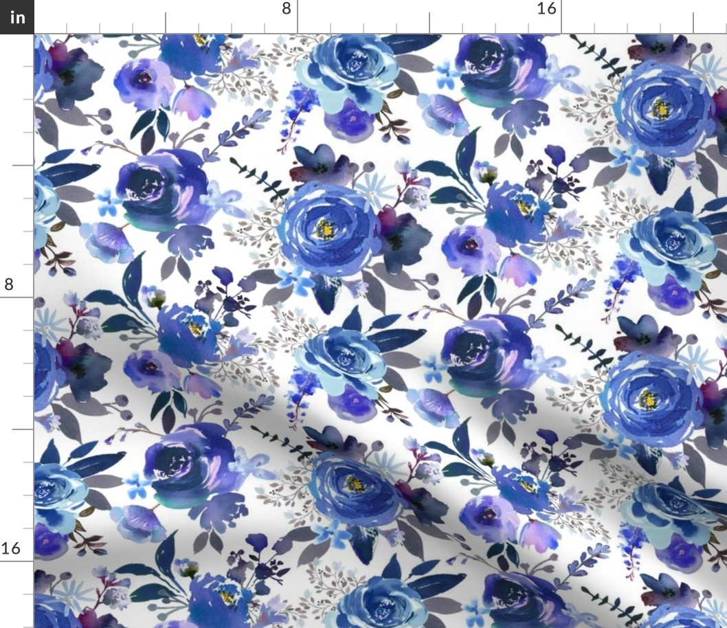 Classic Blue Watercolor Floral (Medium Size Repeat)