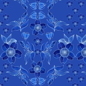 Folk. Watercolor blue flowers and leaves on a blue background