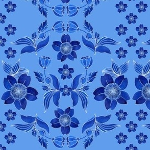 Folk. Watercolor blue flowers and leaves on a blue background