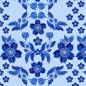 Folk. Watercolor blue flowers and leaves on a light blue background