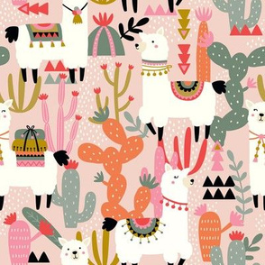 Alpaca and Cactus Pattern on Pink Background