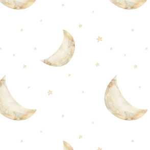 Watercolor Nursery night sky with gold stars. Gold Moon and comet dream 2
