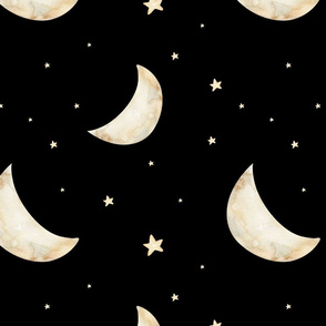 Watercolor Nursery night sky with gold stars. Gold Moon and comet dream