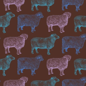 Retro Brown Sheep with Pink Blue & Teal Green (Large Size Print)
