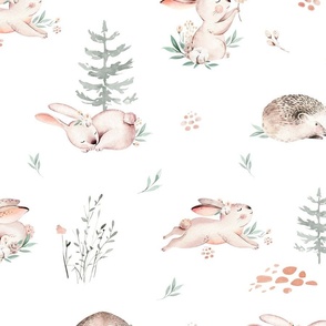 Woodland Baby animals pattern. Forest rabbit, bear and  hedgehog watercolor collection