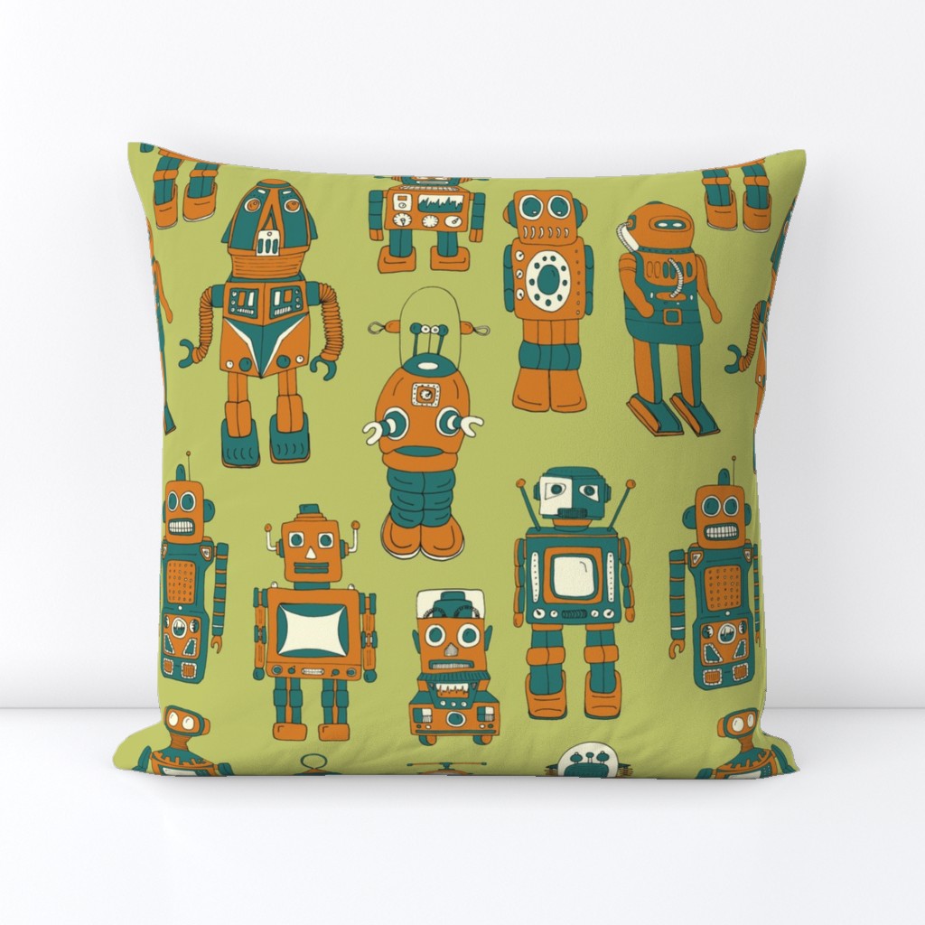 Hand drawn Vintage Robots Retro Green - Medium scale