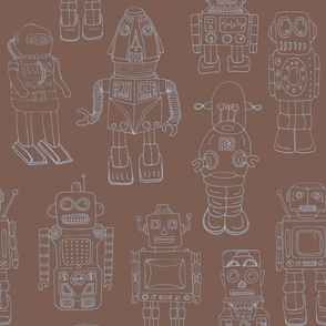 Hand drawn Vintage Robots Brown and Blue Outline - Medium scale