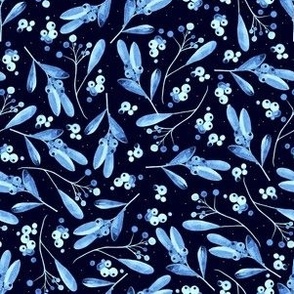 Watercolor light blue mistletoe twigs on black background