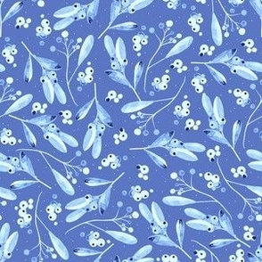 Watercolor light blue mistletoe twigs on a blue background