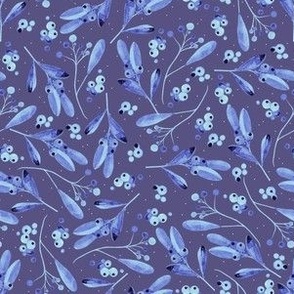 Watercolor blue sprigs of mistletoe on dark lilac background