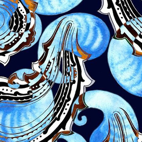 Watercolor paisley, Blue on a dark blue background