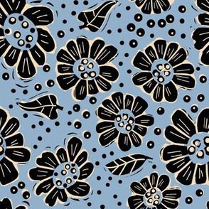 Woodcut flowers blue