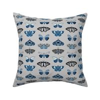 Moths and Butterflies fabric - blue and white, navy and white, navy white and grey, interior design