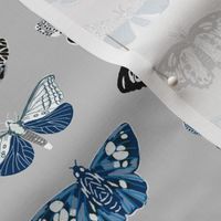 Moths and Butterflies fabric - blue and white, navy and white, navy white and grey, interior design