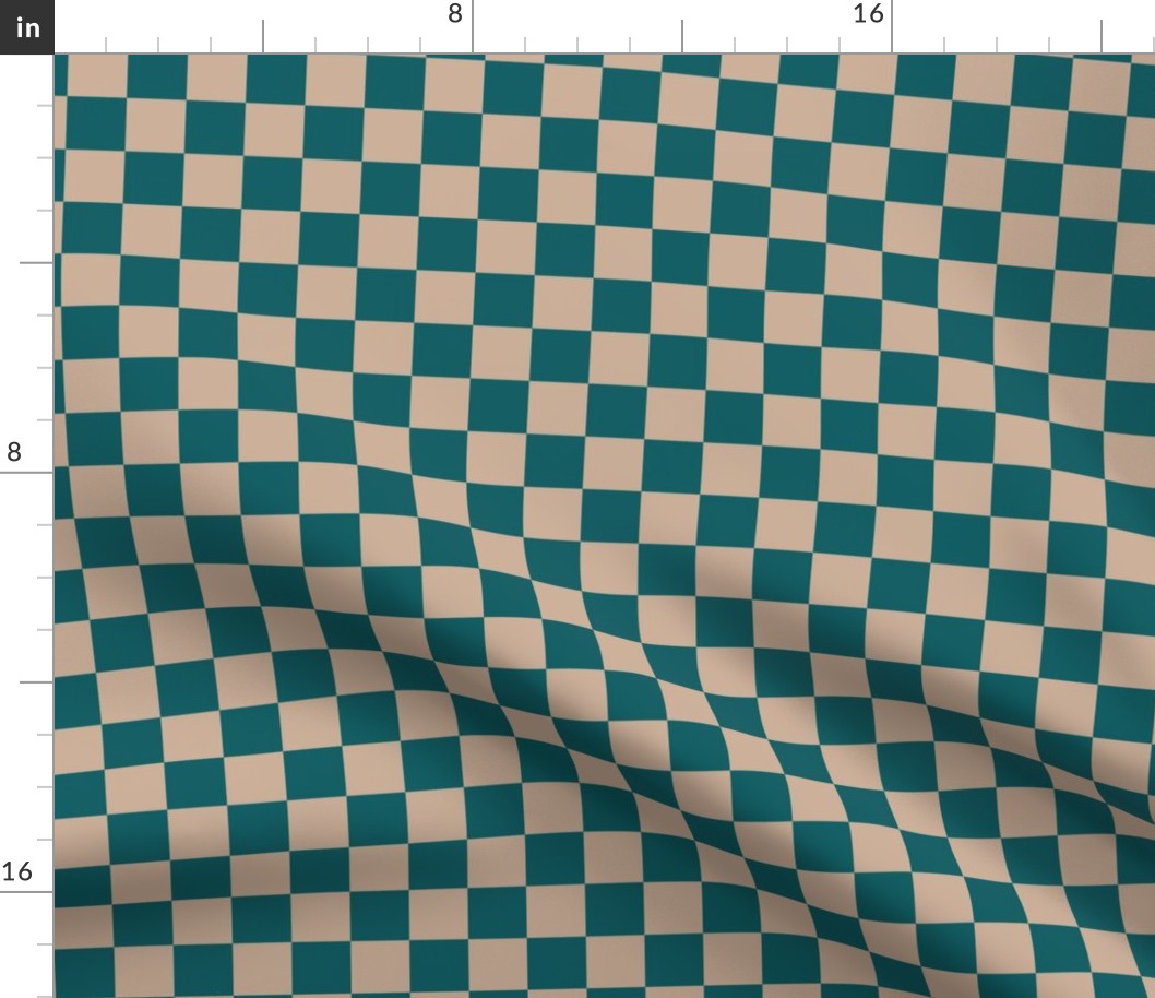 JP14 - Medium - Checkerboard of One Inch Squares in Turquoise and Oatmeal Ecru