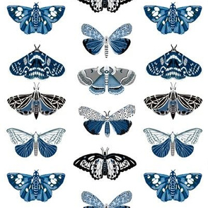 Moths and Butterflies fabric - blue and white, navy and white, navy white and grey, interior design