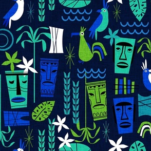 LARGE - Tropical Tiki design - tiki, albatross, hawaii, palm tree, palms - tropical print blue