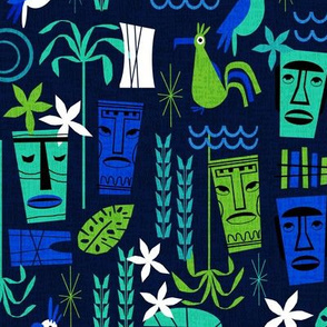 MED Tropical Tiki design - tiki, albatross, hawaii, palm tree, palms - tropical print - blue