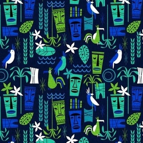 SMALL - Tropical Tiki design - tiki, albatross, hawaii, palm tree, palms - tropical print - blue